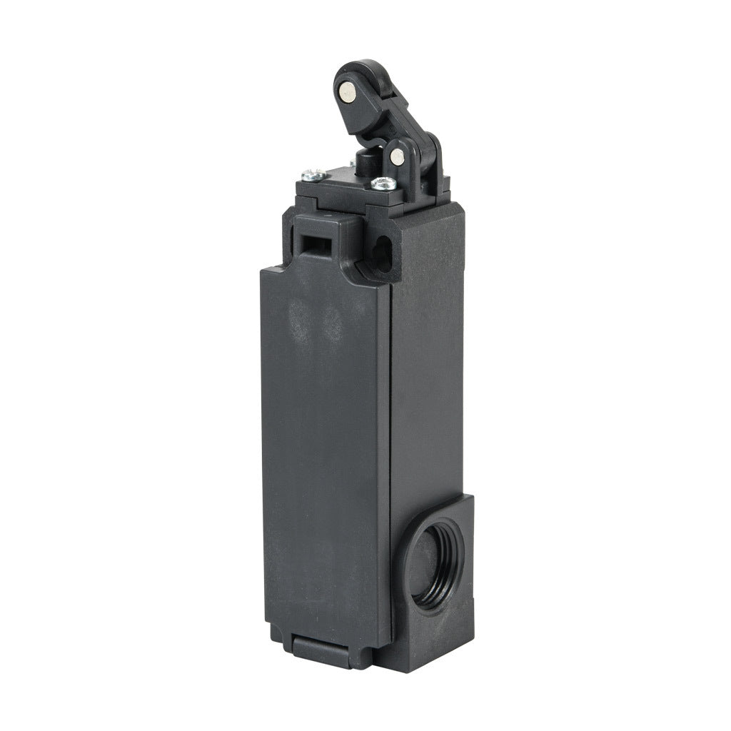 AchieVe IEC limit switch, one-way horizontal lever with 12.5mm plastic roller, 90-degree adjustable head, (2) N.C. contact(s), snap action, solenoid reset, 20-22mm hole spacing, plastic, (2) PG11 and (1) 1/2in NPT cable entries.-AHP2T30J02-024