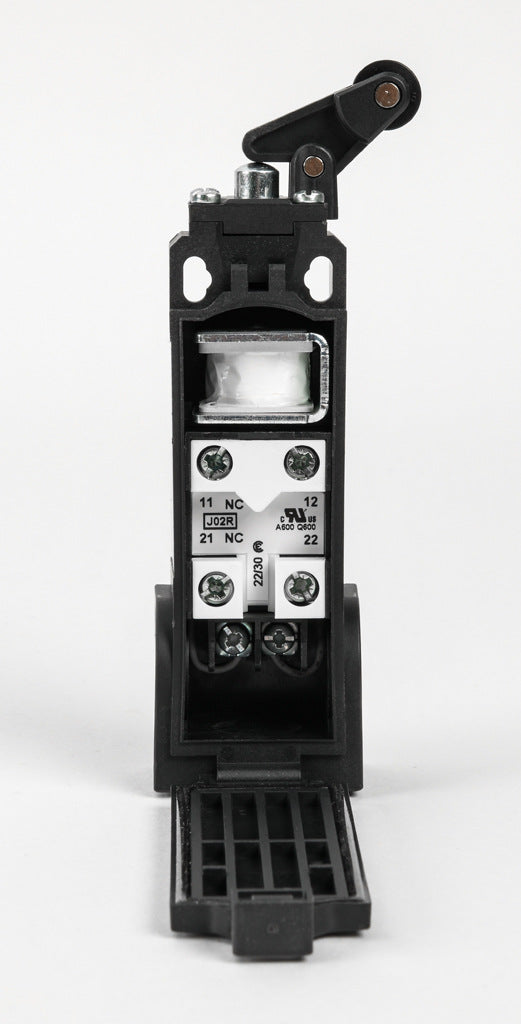 AchieVe IEC limit switch, one-way vertical lever with 12.5mm plastic roller, 90-degree adjustable head, (2) N.C. contact(s), snap action, solenoid reset, 20-22mm hole spacing, plastic, (2) PG11 and (1) 1/2in NPT cable entries.-AHP2T32J02-024