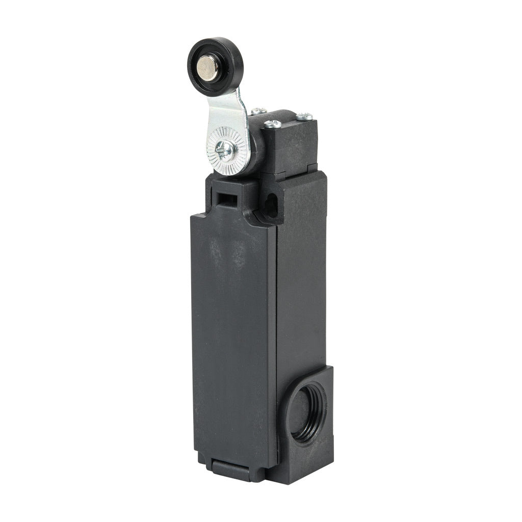 AchieVe IEC limit switch, side rotary lever with 18mm nylon roller, 90-degree adjustable head, (2) N.C. contact(s), snap action, solenoid reset, 20-22mm hole spacing, plastic, (2) PG11 and (1) 1/2in NPT cable entries.-AHP2T41J02-024