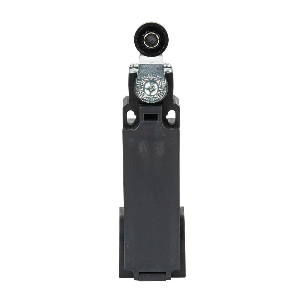 AchieVe IEC limit switch, side rotary lever with 18mm nylon roller, 90-degree adjustable head, (2) N.C. contact(s), snap action, solenoid reset, 20-22mm hole spacing, plastic, (2) PG11 and (1) 1/2in NPT cable entries.-AHP2T41J02-024