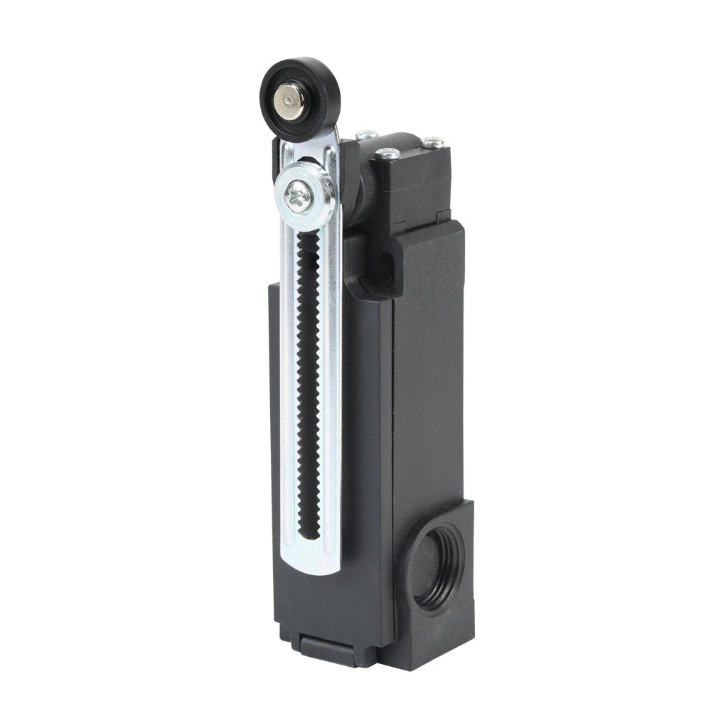 AchieVe IEC limit switch, side rotary 2mm step adjustable lever with 18mm nylon roller, 90-degree adjustable head, (2) N.C. contact(s), snap action, solenoid reset, 20-22mm hole spacing, plastic, (2) PG11 and (1) 1/2in NPT cable entries.-AHP2T5100J02-024