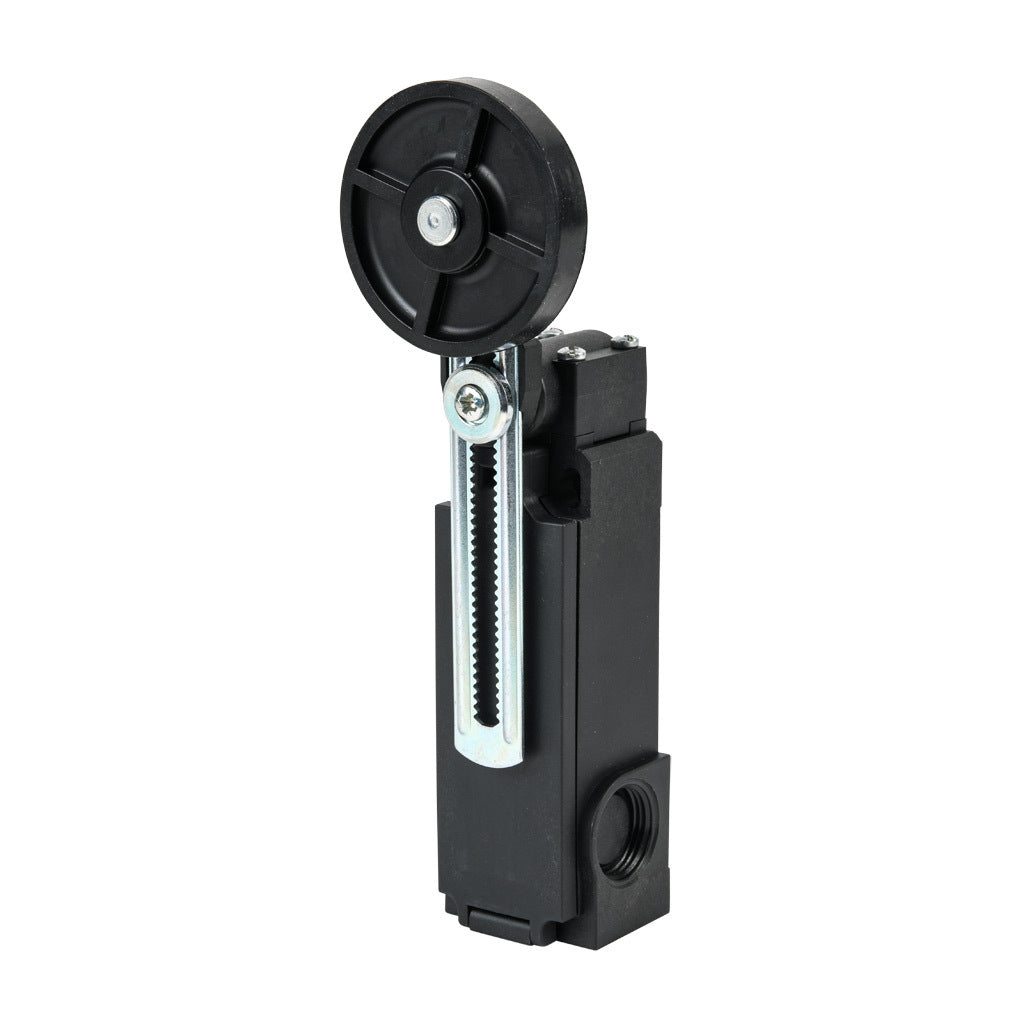AchieVe IEC limit switch, side rotary 2mm step adjustable lever with 50mm nylon roller, 90-degree adjustable head, (2) N.C. contact(s), snap action, solenoid reset, 20-22mm hole spacing, plastic, (2) PG11 and (1) 1/2in NPT cable entries.-AHP2T5200J02-024
