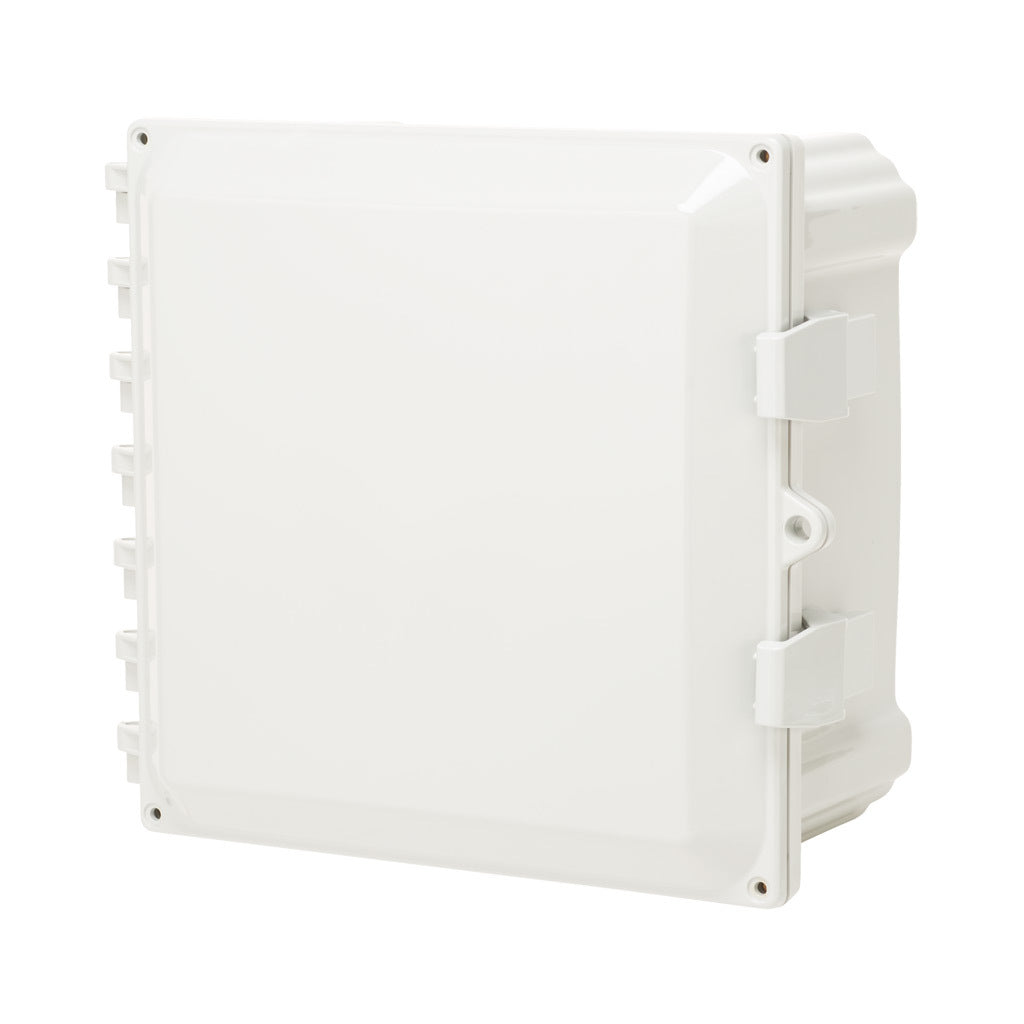 AttaBox Heartland series enclosure, with shelf, NEMA 1/3R/4/4X/12, 10 x 10 x 6in (HxWxD), wall mount, polycarbonate, Pantone 7541 C light gray, single-door, polycarbonate quick-release latch.-AHWD10106