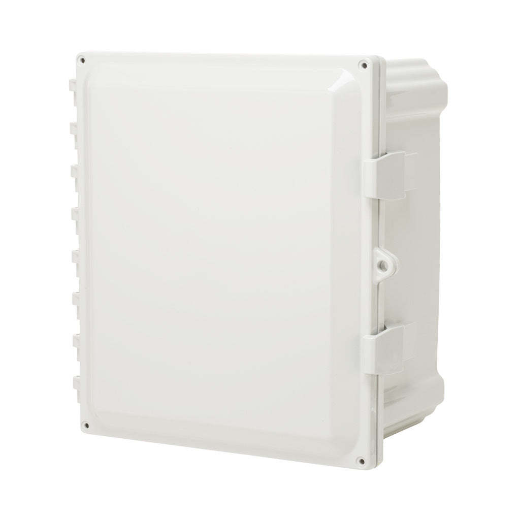 AttaBox Heartland series enclosure, with shelf, NEMA 1/3R/4/4X/12, 12 x 10 x 6in (HxWxD), wall mount, polycarbonate, Pantone 7541 C light gray, single-door, polycarbonate quick-release latch.-AHWD12106