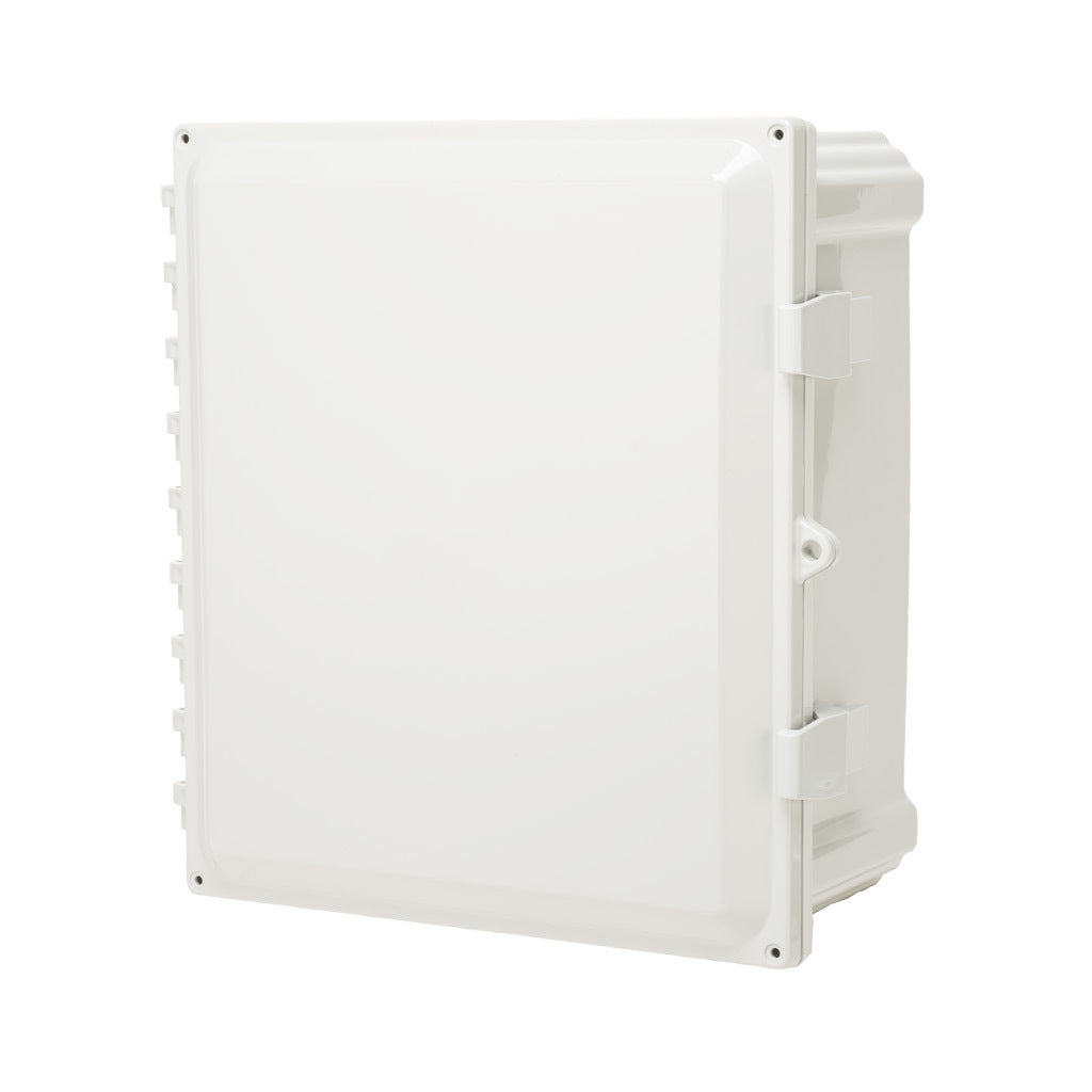 AttaBox Heartland series enclosure, with shelf, NEMA 1/3R/4/4X/12, 14 x 12 x 6in (HxWxD), wall mount, polycarbonate, Pantone 7541 C light gray, single-door, polycarbonate quick-release latch.-AHWD14126