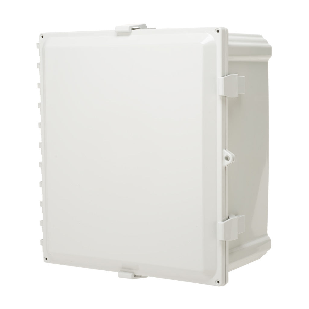 AttaBox Heartland series enclosure, with shelf, NEMA 1/3R/4/4X/12, 16 x 14 x 8in (HxWxD), wall mount, polycarbonate, Pantone 7541 C light gray, single-door, polycarbonate quick-release latch.-AHWD16148