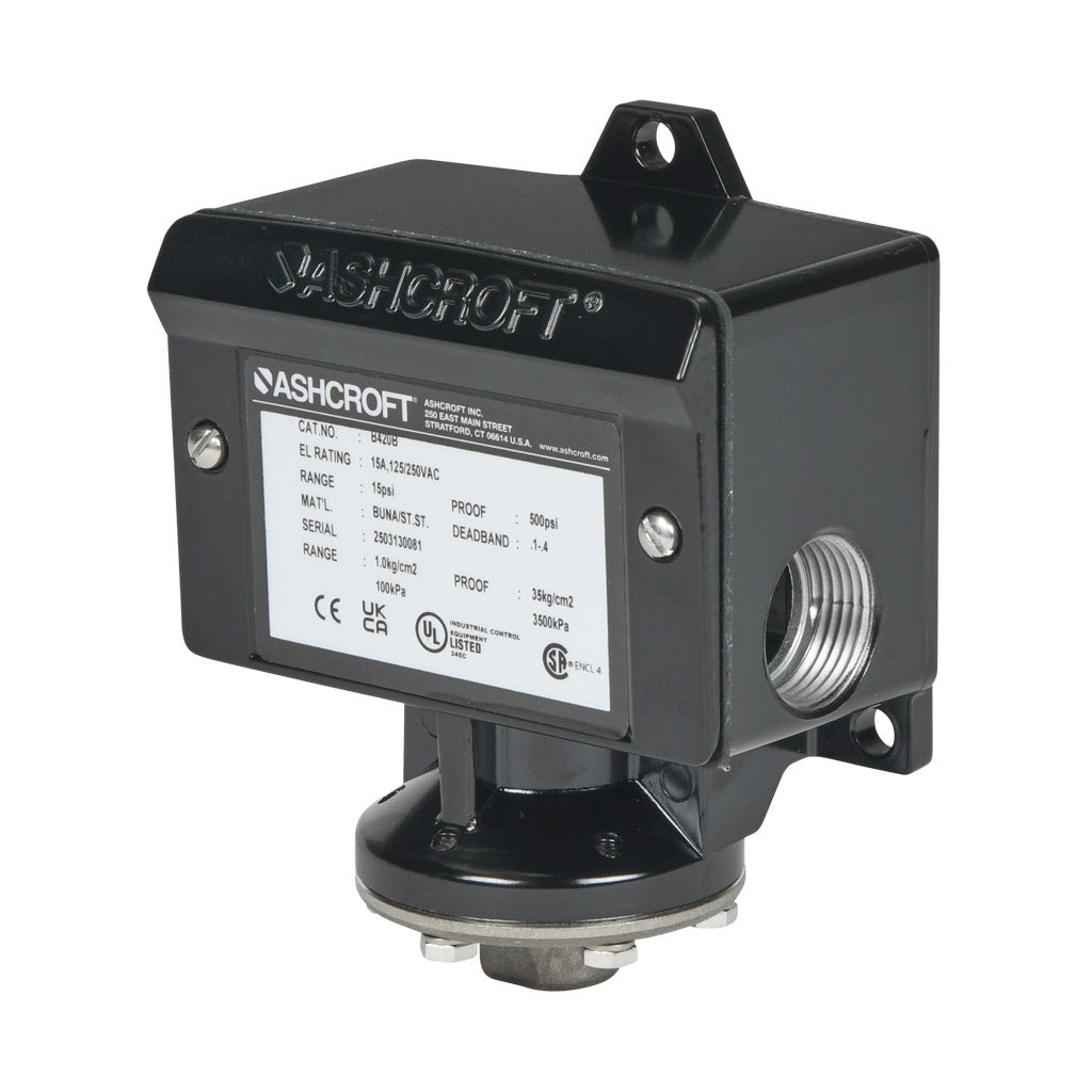 Ashcroft mechanical pressure switch, 2.25 to 15 psig set point, 0.1 to 0.35 psig deadband range, Buna-N sensing element, Buna-N seal(s), SPDT 15A, 1/4in female NPT process connection, 3/4in female NPT conduit opening.-B420B15