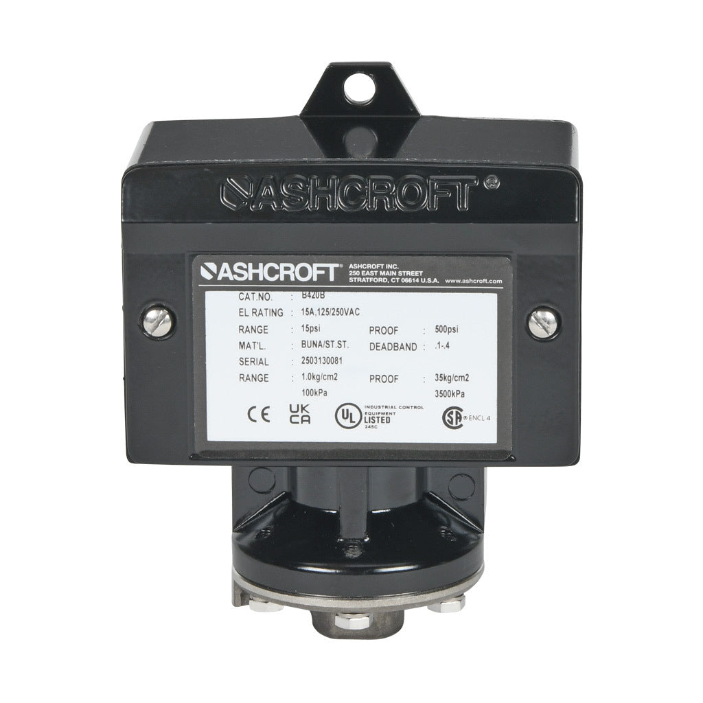 Ashcroft mechanical pressure switch, 2.25 to 15 psig set point, 0.1 to 0.35 psig deadband range, Buna-N sensing element, Buna-N seal(s), SPDT 15A, 1/4in female NPT process connection, 3/4in female NPT conduit opening.-B420B15
