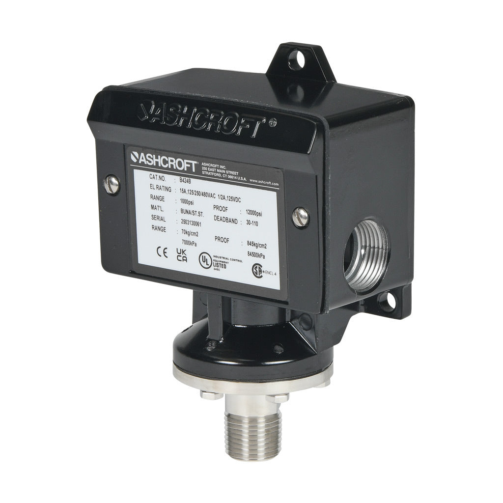 Ashcroft mechanical pressure switch, 150 to 1000 psig set point, 30 to 110 psig deadband range, Buna-N sensing element, Buna-N seal(s), SPDT 15A, 1/2in male NPT or 1/4in female NPT process connection, 3/4in female NPT conduit opening.-B424B1000