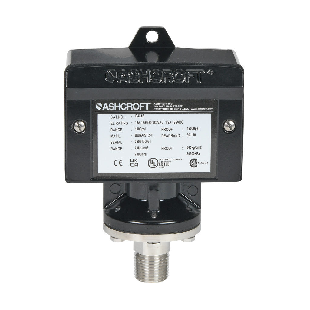 Ashcroft mechanical pressure switch, 150 to 1000 psig set point, 30 to 110 psig deadband range, Buna-N sensing element, Buna-N seal(s), SPDT 15A, 1/2in male NPT or 1/4in female NPT process connection, 3/4in female NPT conduit opening.-B424B1000