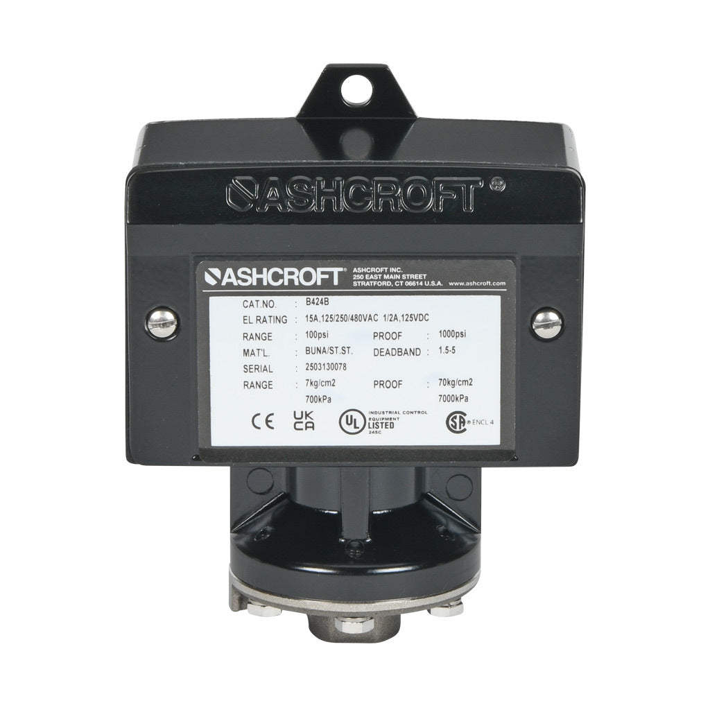 Ashcroft mechanical pressure switch, 15 to 100 psig set point, 1.5 to 5.0 psig deadband range, Buna-N sensing element, Buna-N seal(s), SPDT 15A, 1/4in female NPT process connection, 3/4in female NPT conduit opening.-B424B100