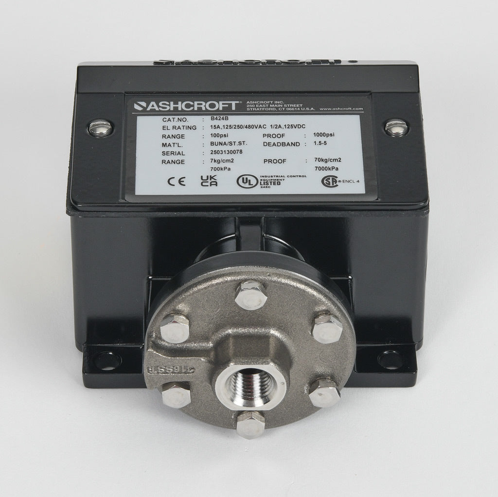 Ashcroft mechanical pressure switch, 15 to 100 psig set point, 1.5 to 5.0 psig deadband range, Buna-N sensing element, Buna-N seal(s), SPDT 15A, 1/4in female NPT process connection, 3/4in female NPT conduit opening.-B424B100