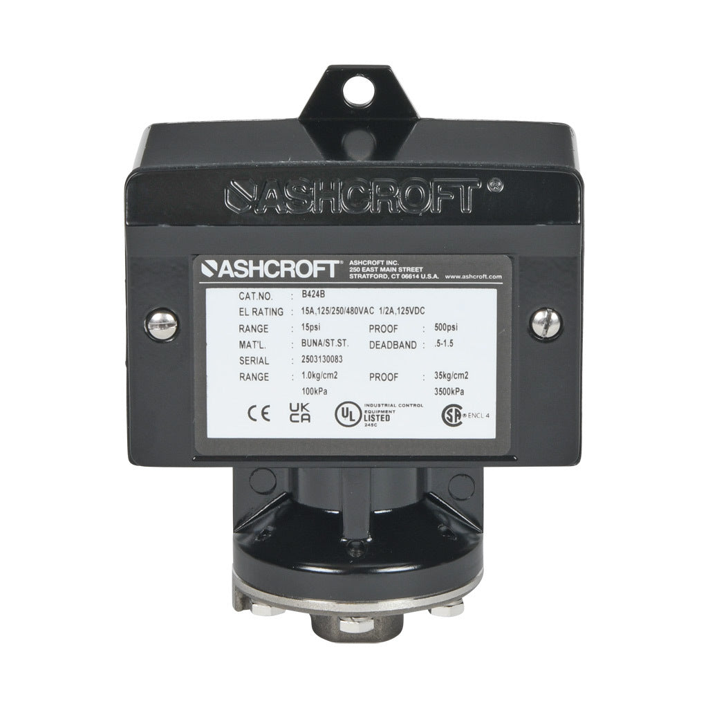 Ashcroft mechanical pressure switch, 2.25 to 15 psig set point, 0.5 to 1.5 psig deadband range, Buna-N sensing element, Buna-N seal(s), SPDT 15A, 1/4in female NPT process connection, 3/4in female NPT conduit opening.-B424B15