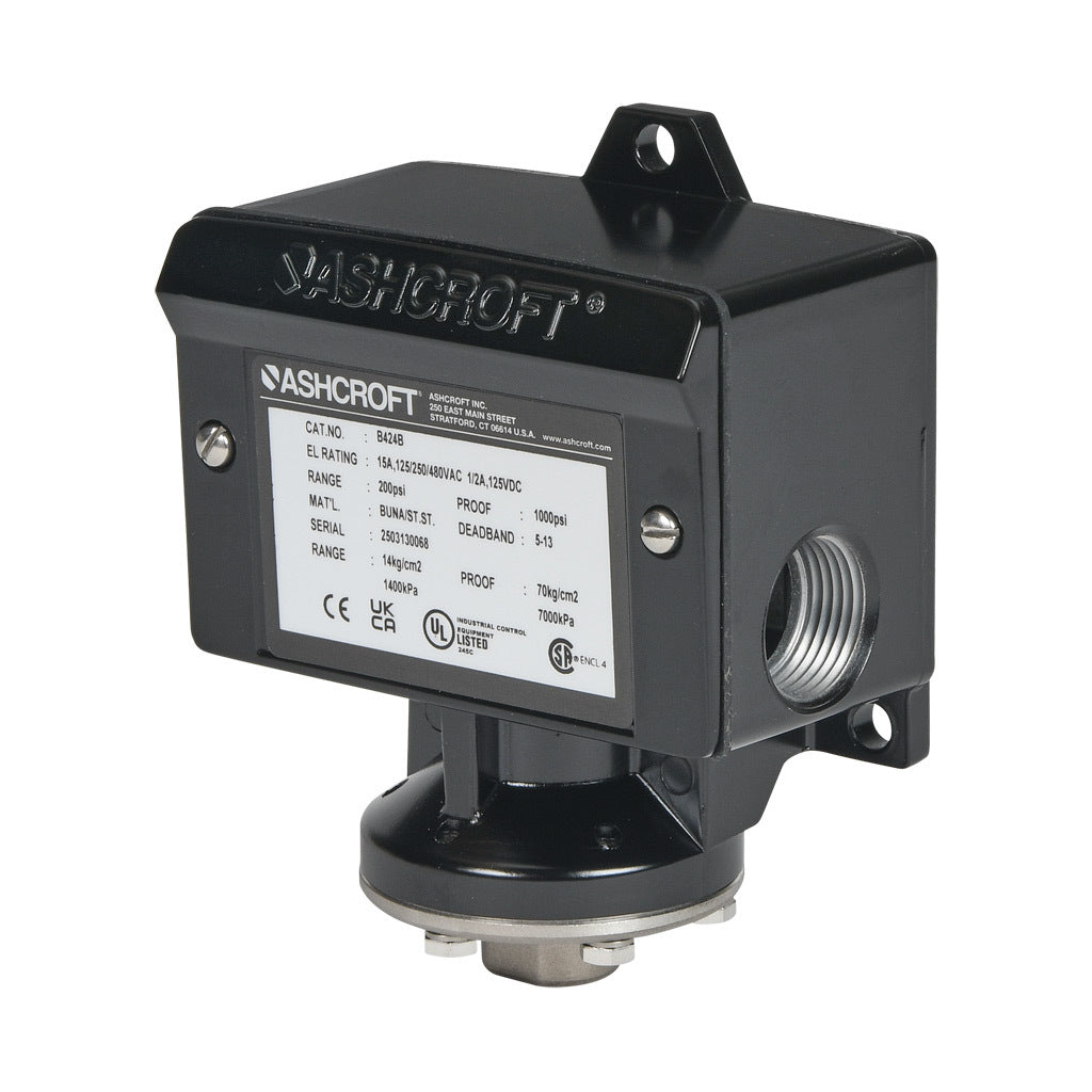 Ashcroft mechanical pressure switch, 30 to 200 psig set point, 5 to 13 psig deadband range, Buna-N sensing element, Buna-N seal(s), SPDT 15A, 1/4in female NPT process connection, 3/4in female NPT conduit opening.-B424B200