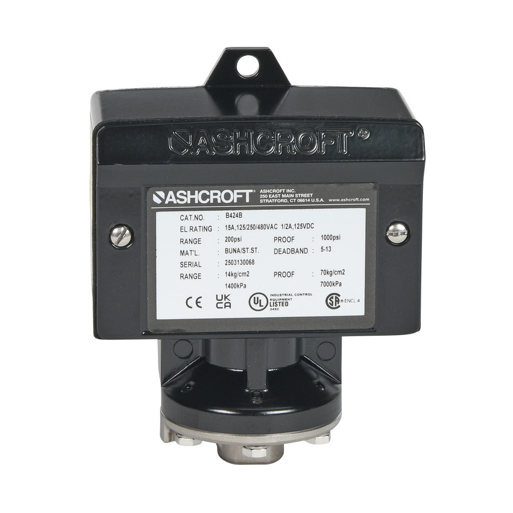 Ashcroft mechanical pressure switch, 30 to 200 psig set point, 5 to 13 psig deadband range, Buna-N sensing element, Buna-N seal(s), SPDT 15A, 1/4in female NPT process connection, 3/4in female NPT conduit opening.-B424B200