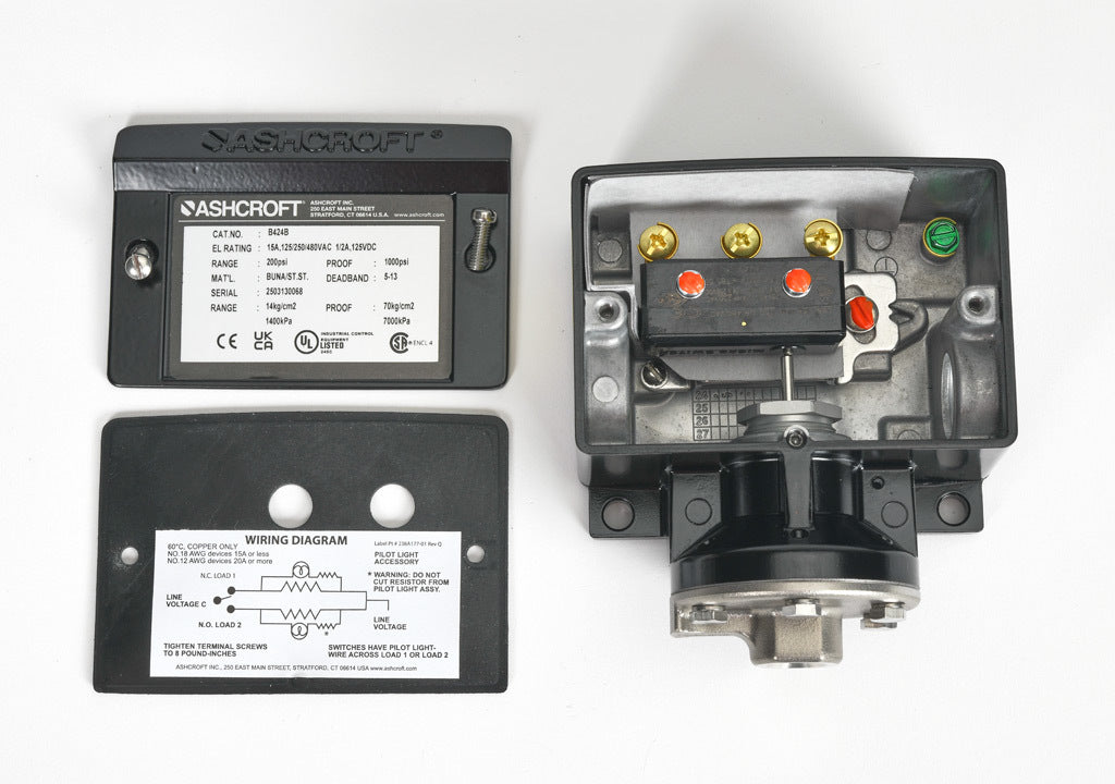 Ashcroft mechanical pressure switch, 30 to 200 psig set point, 5 to 13 psig deadband range, Buna-N sensing element, Buna-N seal(s), SPDT 15A, 1/4in female NPT process connection, 3/4in female NPT conduit opening.-B424B200