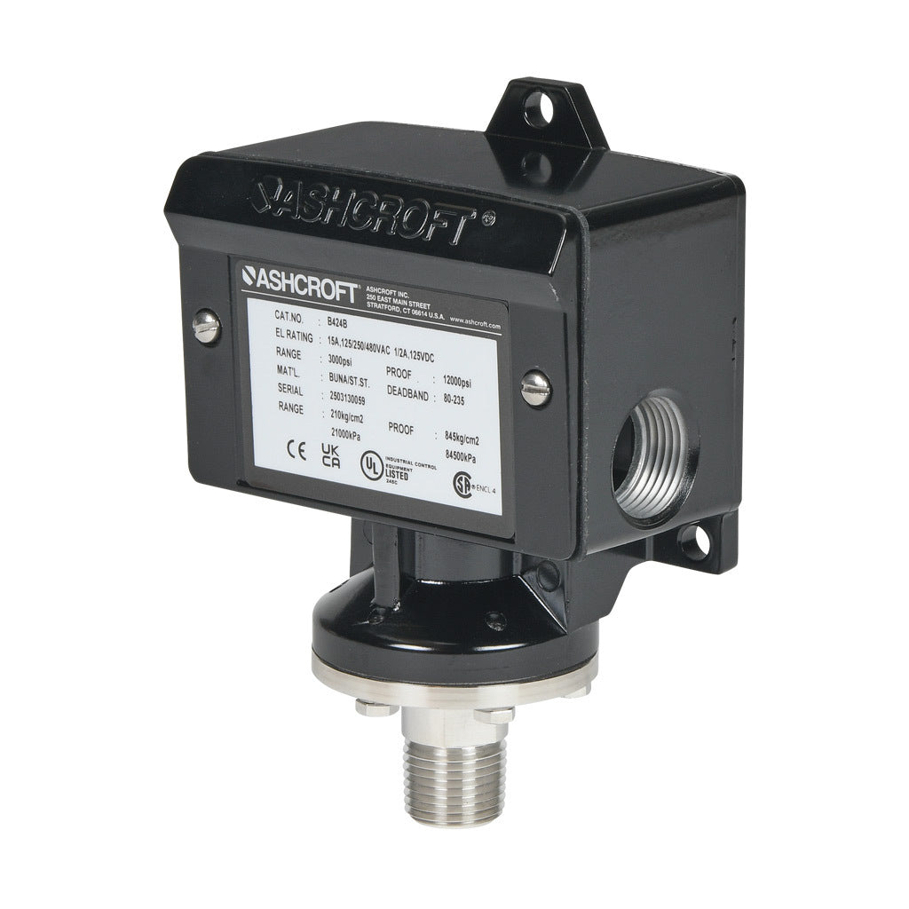 Ashcroft mechanical pressure switch, 450 to 3000 psig set point, 80 to 235 psig deadband range, Buna-N sensing element, Buna-N seal(s), SPDT 15A, 1/2in male NPT or 1/4in female NPT process connection, 3/4in female NPT conduit opening.-B424B3000