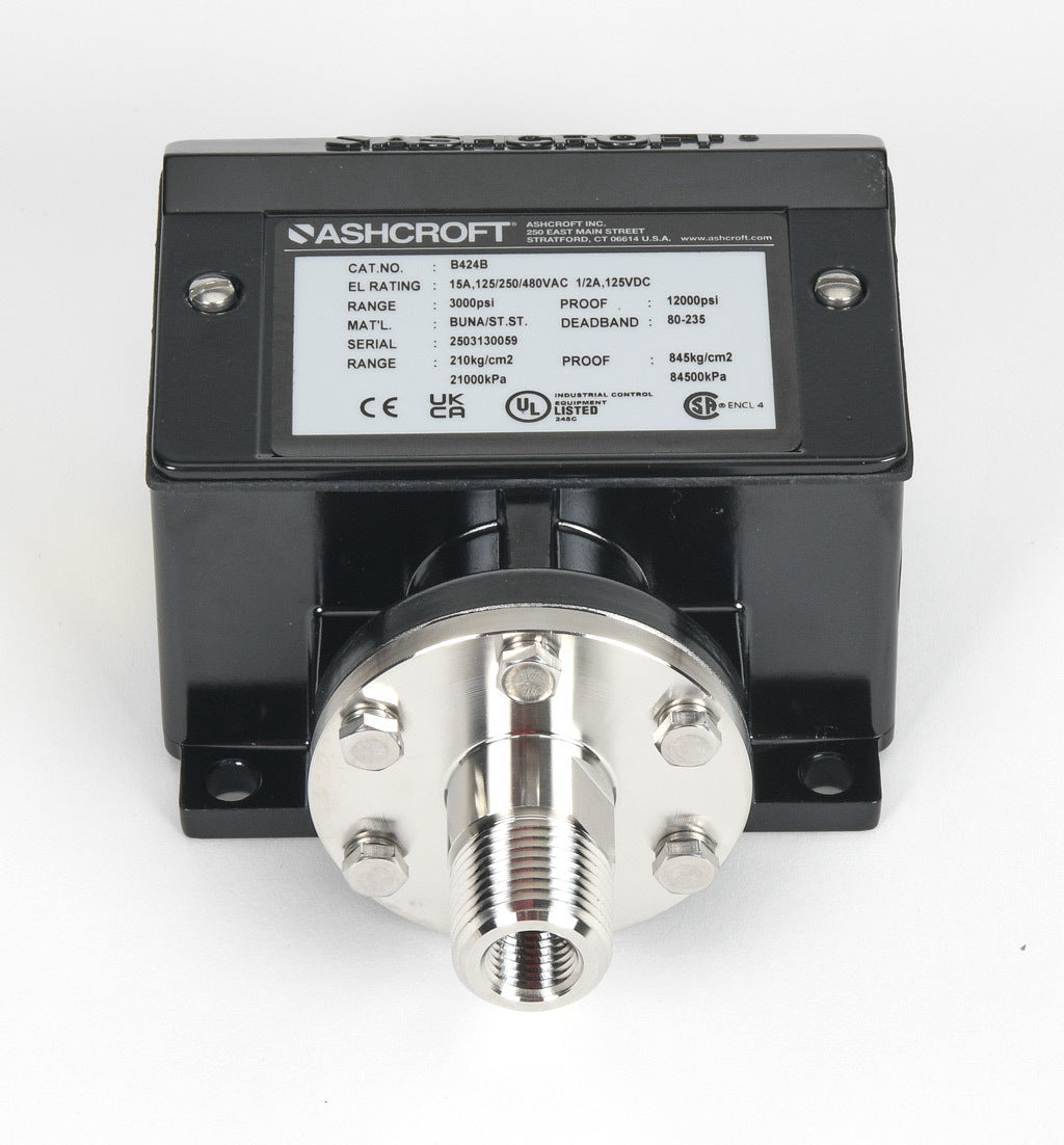 Ashcroft mechanical pressure switch, 450 to 3000 psig set point, 80 to 235 psig deadband range, Buna-N sensing element, Buna-N seal(s), SPDT 15A, 1/2in male NPT or 1/4in female NPT process connection, 3/4in female NPT conduit opening.-B424B3000