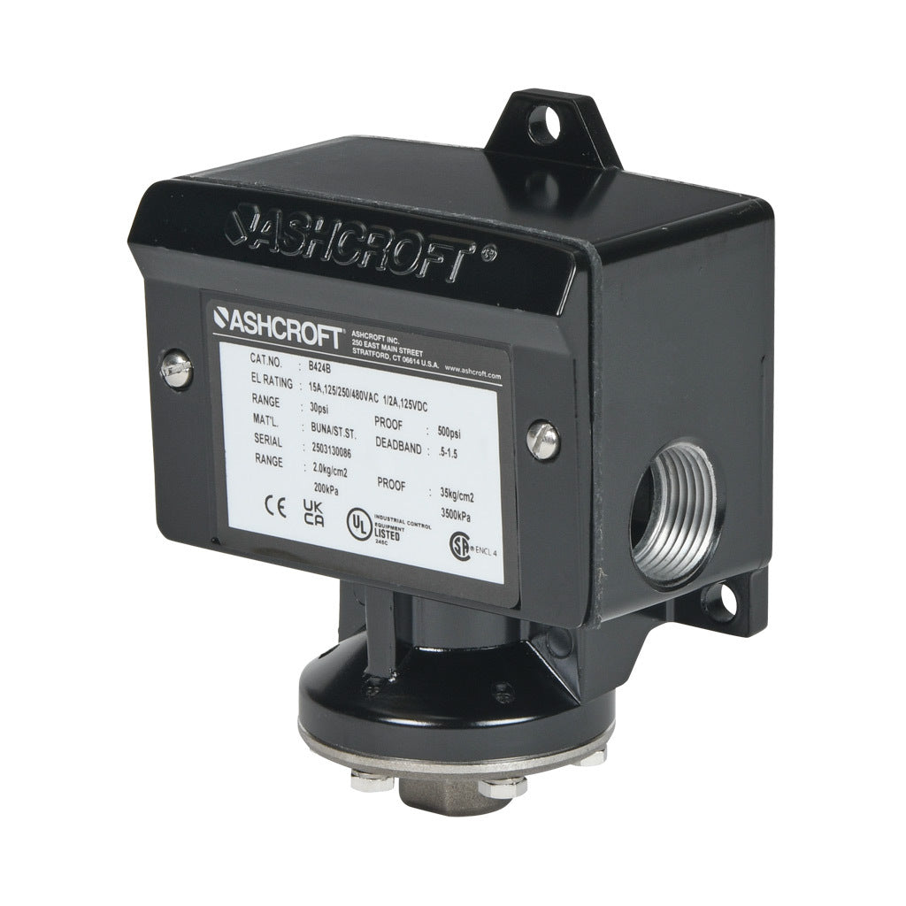 Ashcroft mechanical pressure switch, 4.5 to 30 psig set point, 0.5 to 1.5 psig deadband range, Buna-N sensing element, Buna-N seal(s), SPDT 15A, 1/4in female NPT process connection, 3/4in female NPT conduit opening.-B424B30