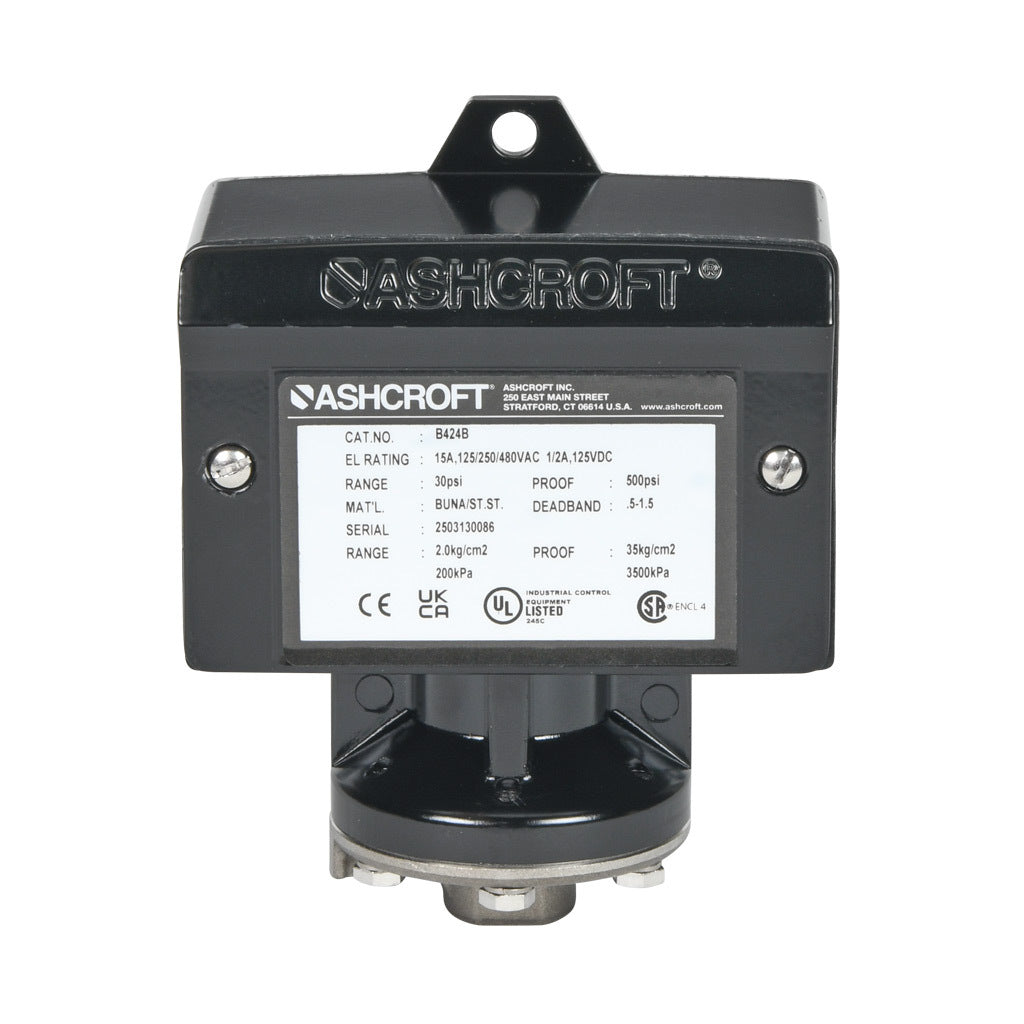 Ashcroft mechanical pressure switch, 4.5 to 30 psig set point, 0.5 to 1.5 psig deadband range, Buna-N sensing element, Buna-N seal(s), SPDT 15A, 1/4in female NPT process connection, 3/4in female NPT conduit opening.-B424B30