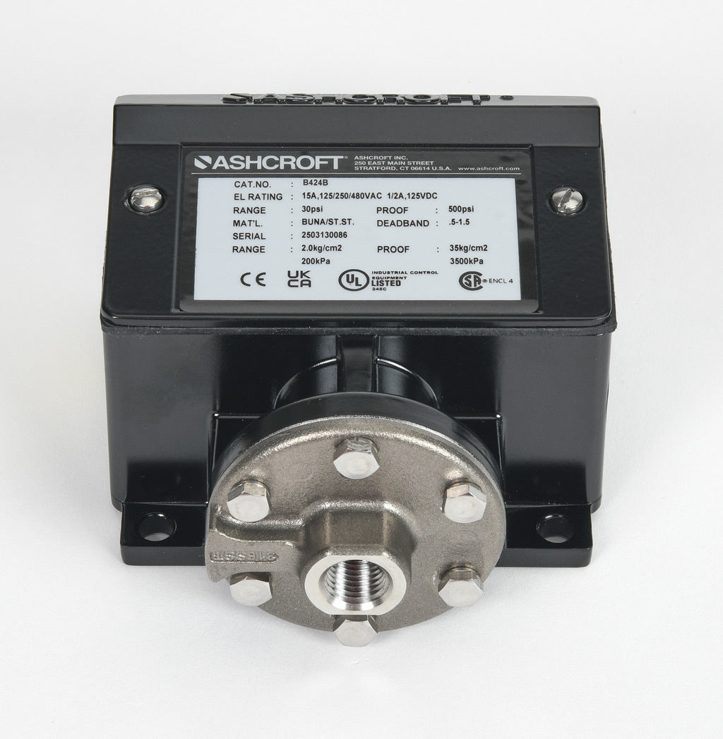 Ashcroft mechanical pressure switch, 4.5 to 30 psig set point, 0.5 to 1.5 psig deadband range, Buna-N sensing element, Buna-N seal(s), SPDT 15A, 1/4in female NPT process connection, 3/4in female NPT conduit opening.-B424B30