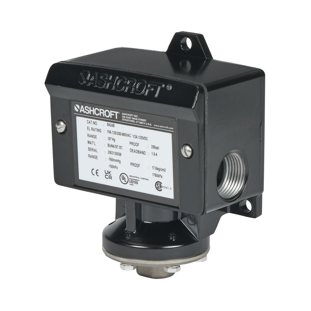 Ashcroft mechanical pressure switch, -30 to -4.5in Hg vacuum set point, 1.5 to 4.0in Hg deadband range, Buna-N sensing element, Buna-N seal(s), SPDT 15A, 1/4in female NPT process connection, 3/4in female NPT conduit opening.-B424B30IMV