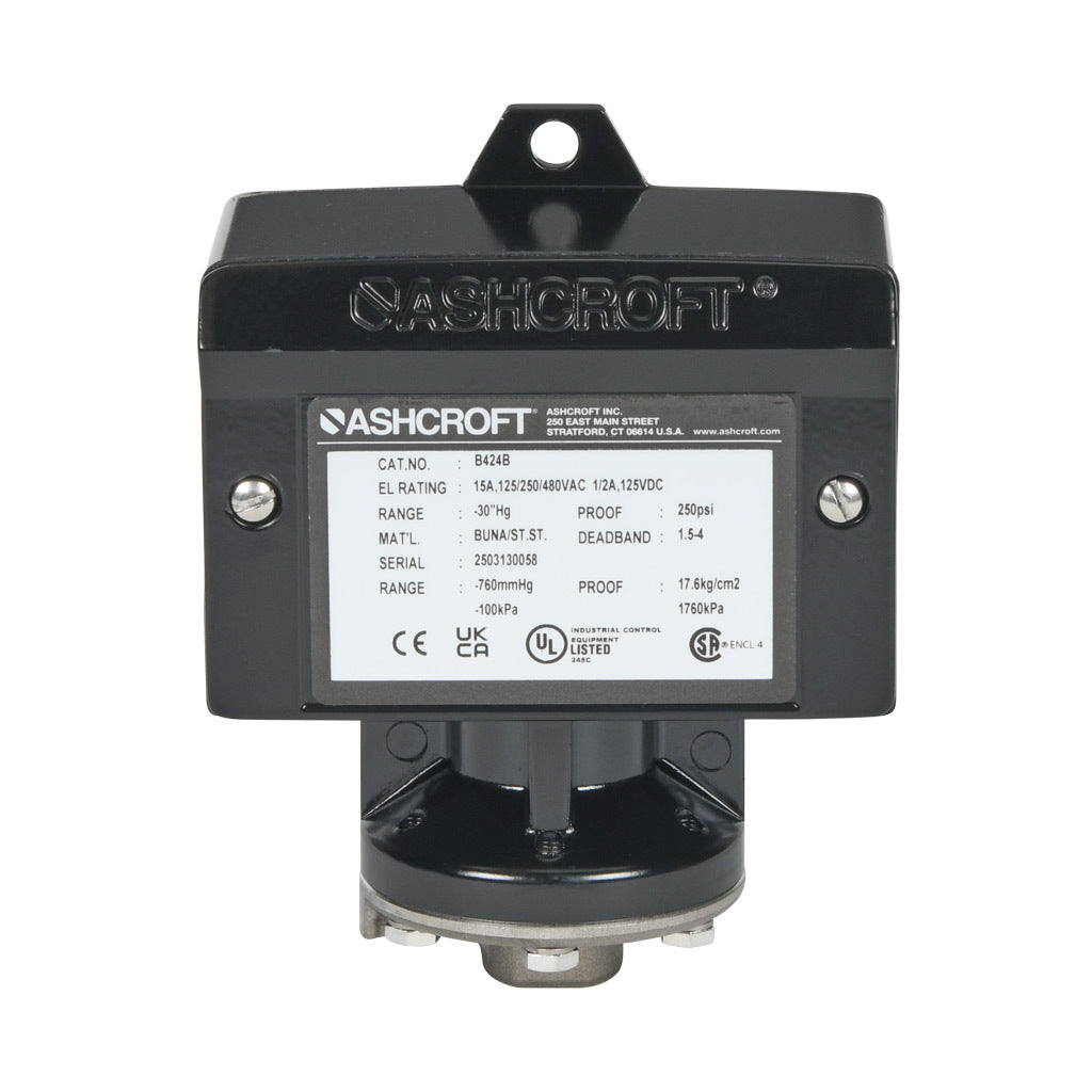 Ashcroft mechanical pressure switch, -30 to -4.5in Hg vacuum set point, 1.5 to 4.0in Hg deadband range, Buna-N sensing element, Buna-N seal(s), SPDT 15A, 1/4in female NPT process connection, 3/4in female NPT conduit opening.-B424B30IMV
