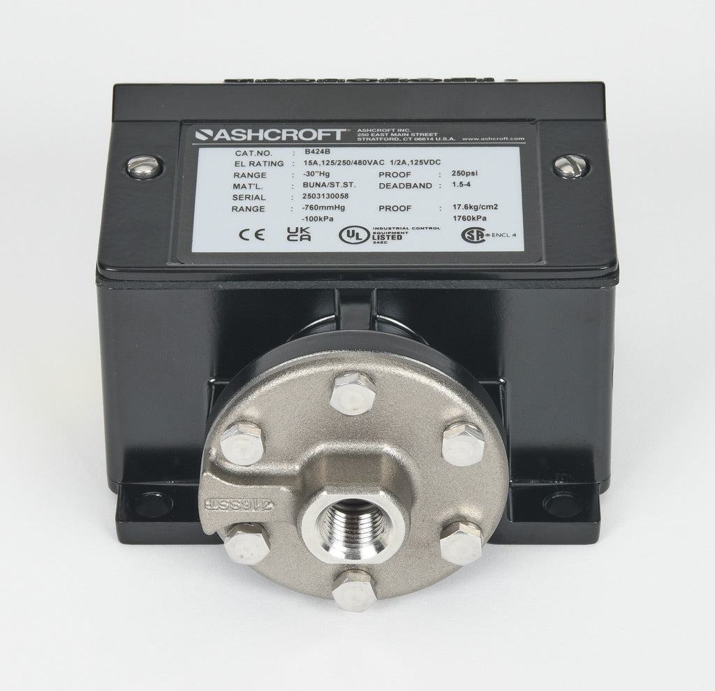 Ashcroft mechanical pressure switch, -30 to -4.5in Hg vacuum set point, 1.5 to 4.0in Hg deadband range, Buna-N sensing element, Buna-N seal(s), SPDT 15A, 1/4in female NPT process connection, 3/4in female NPT conduit opening.-B424B30IMV