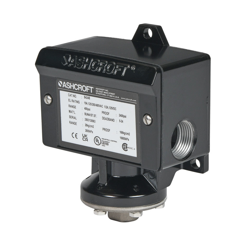 Ashcroft mechanical pressure switch, 60 to 400 psig set point, 5 to 24 psig deadband range, Buna-N sensing element, Buna-N seal(s), SPDT 15A, 1/4in female NPT process connection, 3/4in female NPT conduit opening.-B424B400