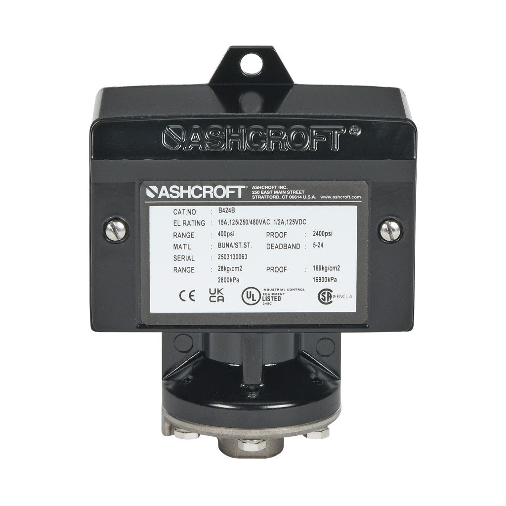 Ashcroft mechanical pressure switch, 60 to 400 psig set point, 5 to 24 psig deadband range, Buna-N sensing element, Buna-N seal(s), SPDT 15A, 1/4in female NPT process connection, 3/4in female NPT conduit opening.-B424B400