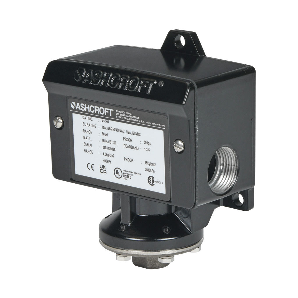 Ashcroft mechanical pressure switch, 9 to 60 psig set point, 1.0 to 3.5 psig deadband range, Buna-N sensing element, Buna-N seal(s), SPDT 15A, 1/4in female NPT process connection, 3/4in female NPT conduit opening.-B424B60