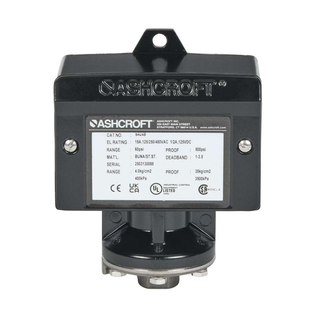 Ashcroft mechanical pressure switch, 9 to 60 psig set point, 1.0 to 3.5 psig deadband range, Buna-N sensing element, Buna-N seal(s), SPDT 15A, 1/4in female NPT process connection, 3/4in female NPT conduit opening.-B424B60