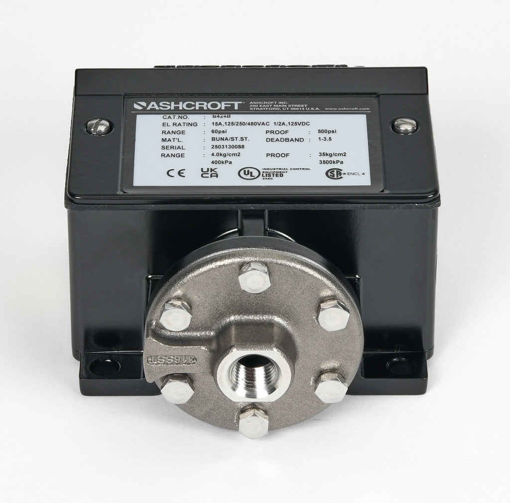 Ashcroft mechanical pressure switch, 9 to 60 psig set point, 1.0 to 3.5 psig deadband range, Buna-N sensing element, Buna-N seal(s), SPDT 15A, 1/4in female NPT process connection, 3/4in female NPT conduit opening.-B424B60
