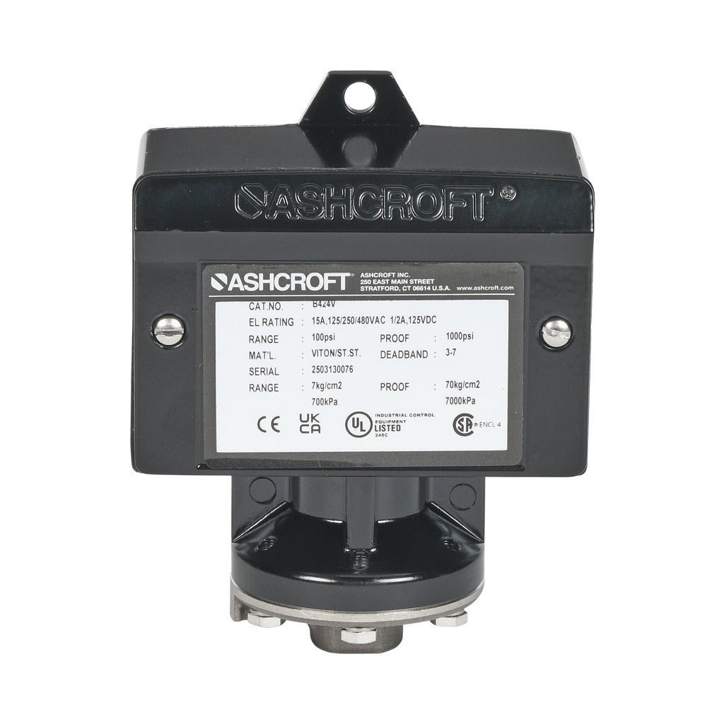 Ashcroft mechanical pressure switch, 15 to 100 psig set point, 2.1 to 7.0 psig deadband range, Viton sensing element, Viton seal(s), SPDT 15A, 1/4in female NPT process connection, 3/4in female NPT conduit opening.-B424V100