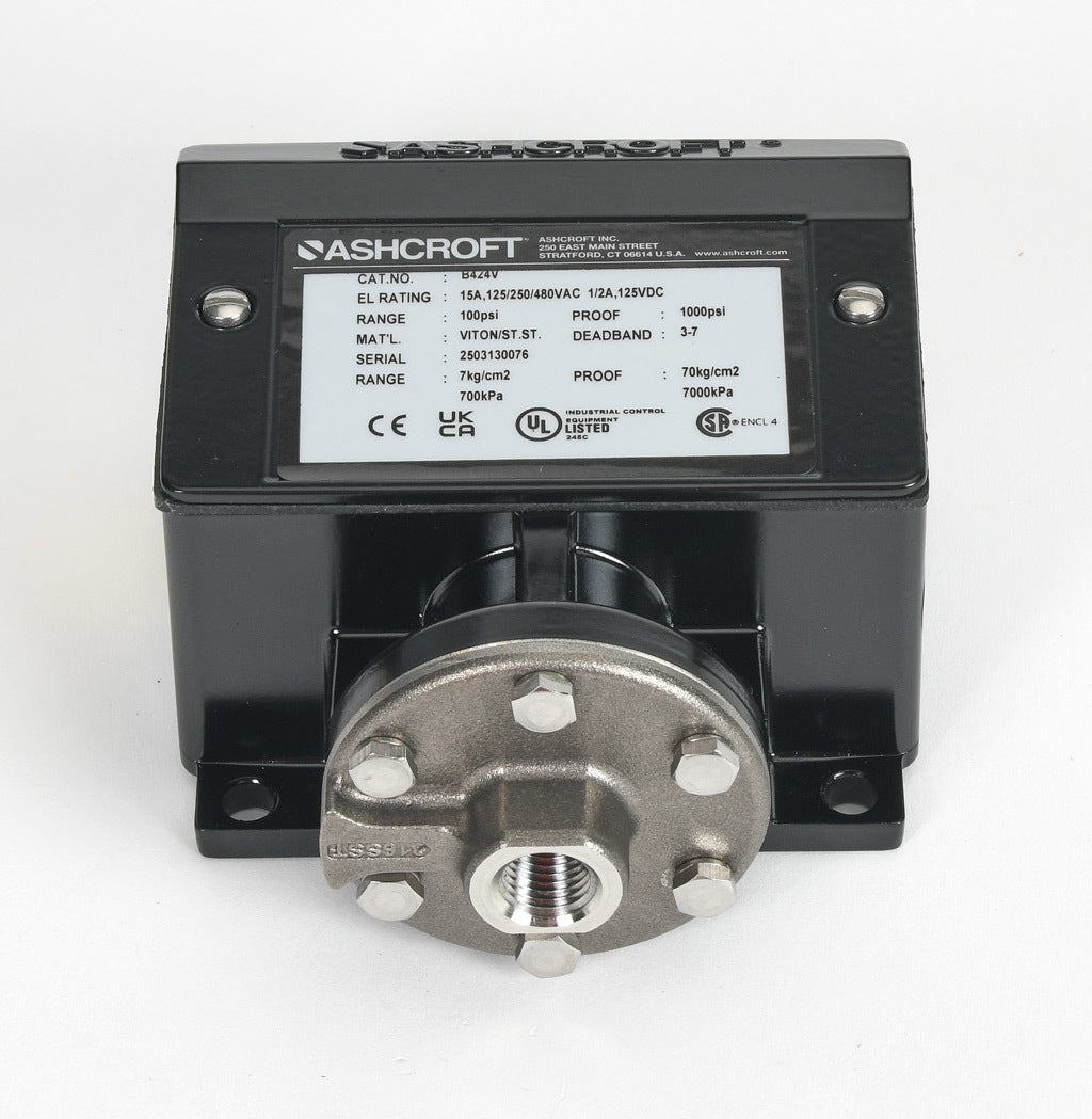 Ashcroft mechanical pressure switch, 15 to 100 psig set point, 2.1 to 7.0 psig deadband range, Viton sensing element, Viton seal(s), SPDT 15A, 1/4in female NPT process connection, 3/4in female NPT conduit opening.-B424V100