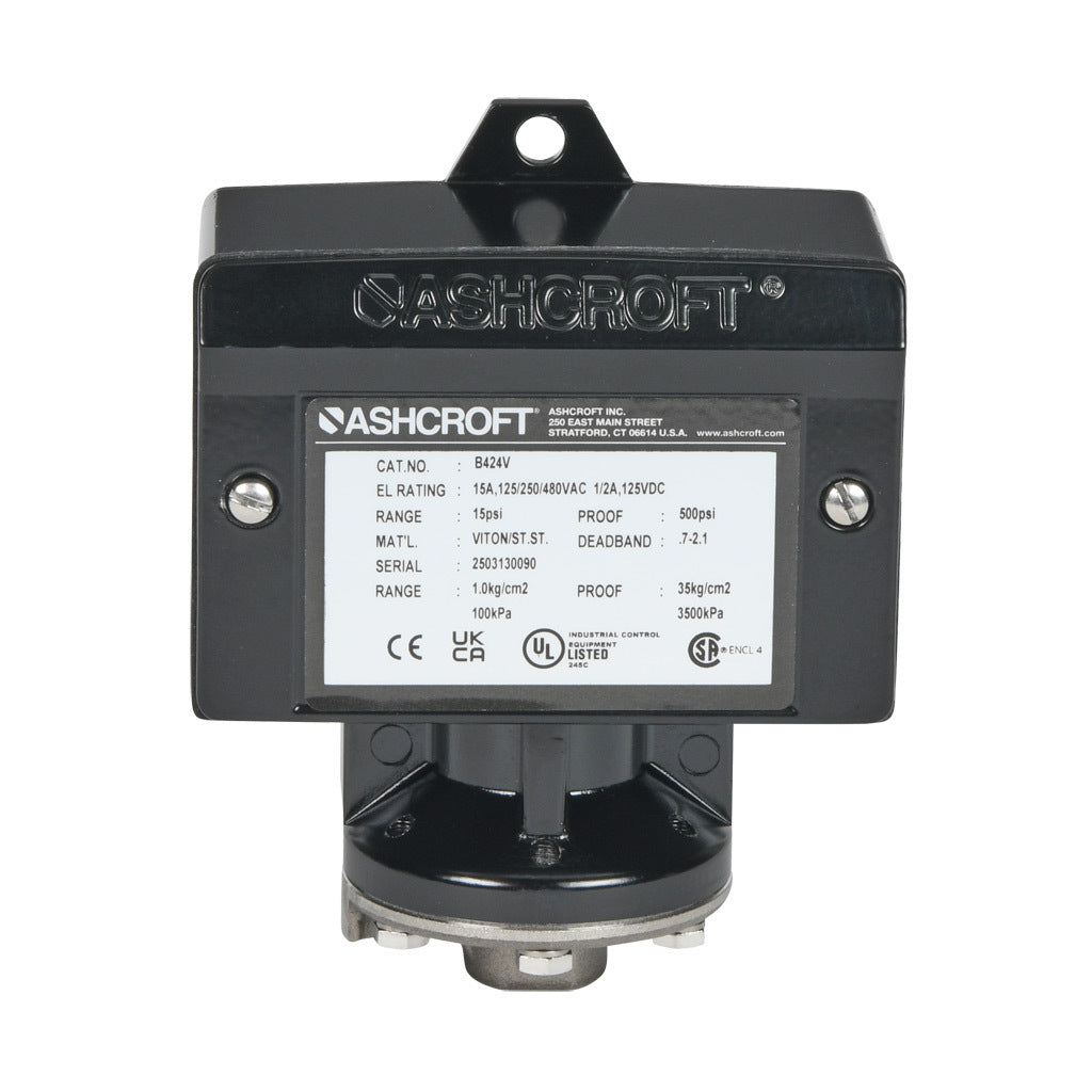Ashcroft mechanical pressure switch, 2.25 to 15 psig set point, 0.7 to 2.1 psig deadband range, Viton sensing element, Viton seal(s), SPDT 15A, 1/4in female NPT process connection, 3/4in female NPT conduit opening.-B424V15