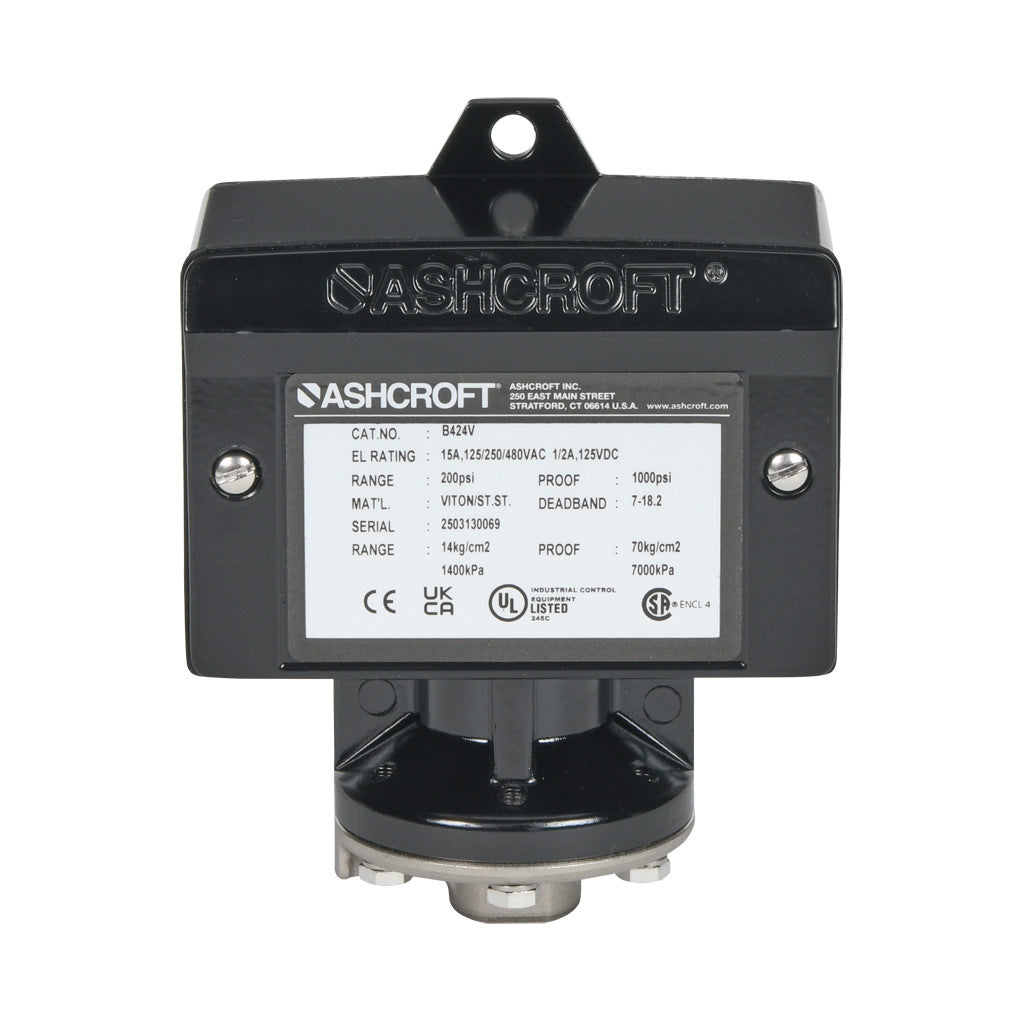 Ashcroft mechanical pressure switch, 30 to 200 psig set point, 7.0 to 18.2 psig deadband range, Viton sensing element, Viton seal(s), SPDT 15A, 1/4in female NPT process connection, 3/4in female NPT conduit opening.-B424V200