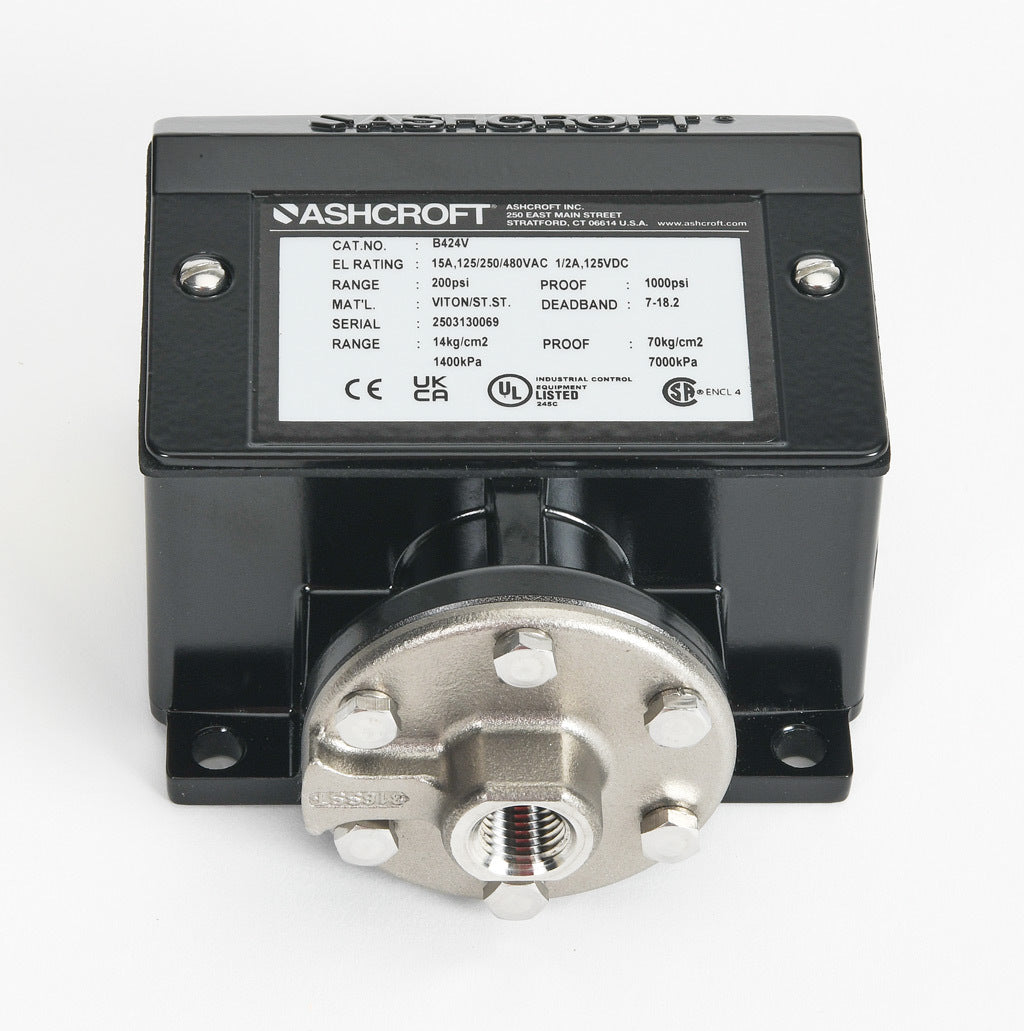 Ashcroft mechanical pressure switch, 30 to 200 psig set point, 7.0 to 18.2 psig deadband range, Viton sensing element, Viton seal(s), SPDT 15A, 1/4in female NPT process connection, 3/4in female NPT conduit opening.-B424V200