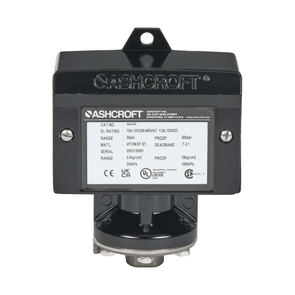 Ashcroft mechanical pressure switch, 4.5 to 30 psig set point, 0.7 to 2.1 psig deadband range, Viton sensing element, Viton seal(s), SPDT 15A, 1/4in female NPT process connection, 3/4in female NPT conduit opening.-B424V30