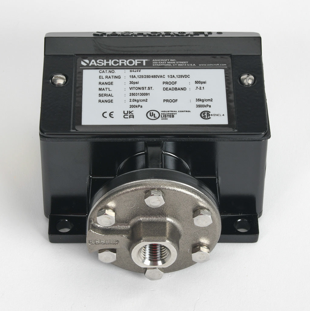 Ashcroft mechanical pressure switch, 4.5 to 30 psig set point, 0.7 to 2.1 psig deadband range, Viton sensing element, Viton seal(s), SPDT 15A, 1/4in female NPT process connection, 3/4in female NPT conduit opening.-B424V30
