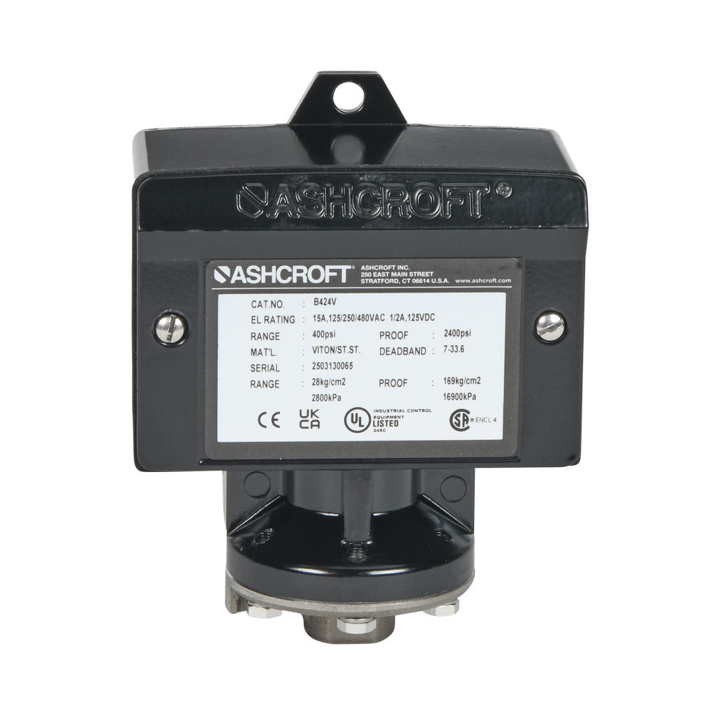 Ashcroft mechanical pressure switch, 60 to 400 psig set point, 7.0 to 33.6 psig deadband range, Viton sensing element, Viton seal(s), SPDT 15A, 1/4in female NPT process connection, 3/4in female NPT conduit opening.-B424V400