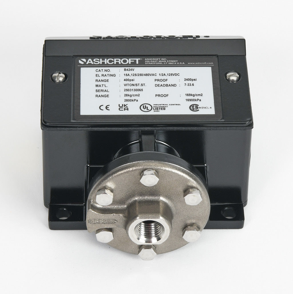 Ashcroft mechanical pressure switch, 60 to 400 psig set point, 7.0 to 33.6 psig deadband range, Viton sensing element, Viton seal(s), SPDT 15A, 1/4in female NPT process connection, 3/4in female NPT conduit opening.-B424V400