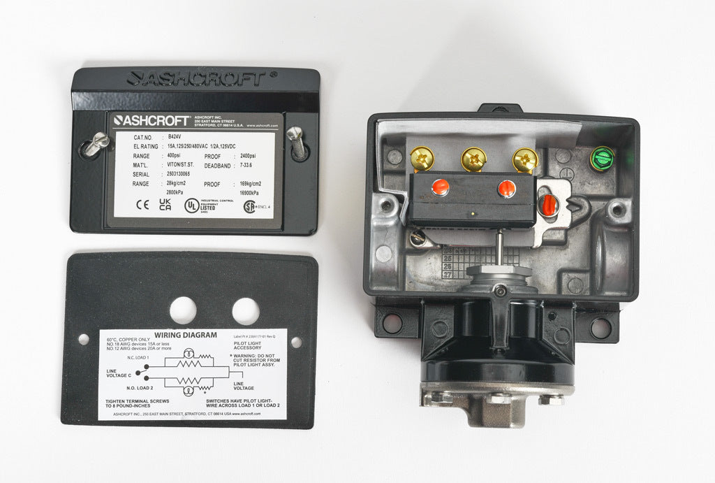 Ashcroft mechanical pressure switch, 60 to 400 psig set point, 7.0 to 33.6 psig deadband range, Viton sensing element, Viton seal(s), SPDT 15A, 1/4in female NPT process connection, 3/4in female NPT conduit opening.-B424V400
