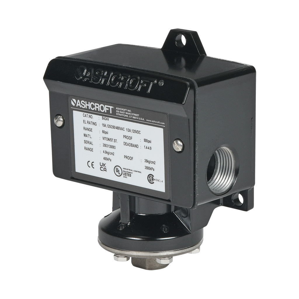 Ashcroft mechanical pressure switch, 9 to 60 psig set point, 1.4 to 4.9 psig deadband range, Viton sensing element, Viton seal(s), SPDT 15A, 1/4in female NPT process connection, 3/4in female NPT conduit opening.-B424V60