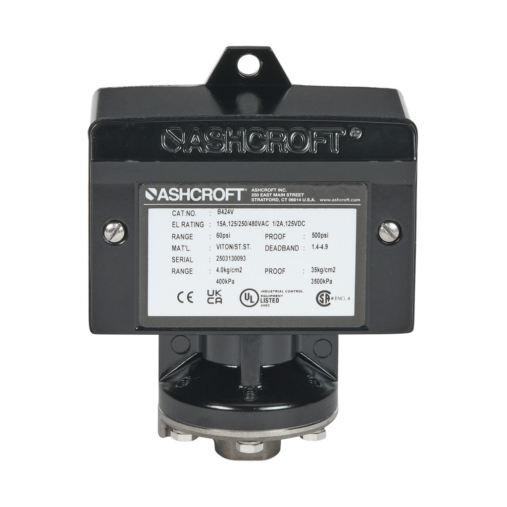 Ashcroft mechanical pressure switch, 9 to 60 psig set point, 1.4 to 4.9 psig deadband range, Viton sensing element, Viton seal(s), SPDT 15A, 1/4in female NPT process connection, 3/4in female NPT conduit opening.-B424V60