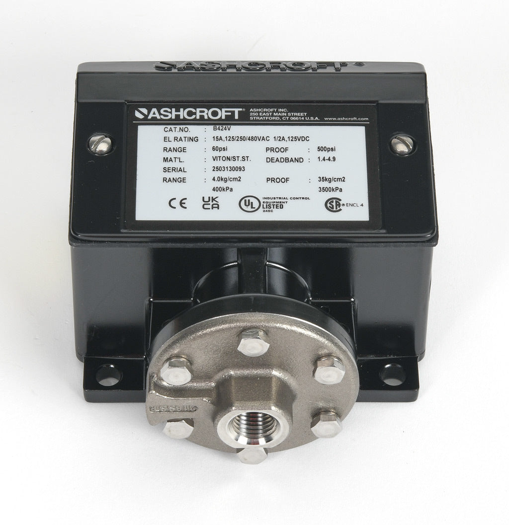 Ashcroft mechanical pressure switch, 9 to 60 psig set point, 1.4 to 4.9 psig deadband range, Viton sensing element, Viton seal(s), SPDT 15A, 1/4in female NPT process connection, 3/4in female NPT conduit opening.-B424V60