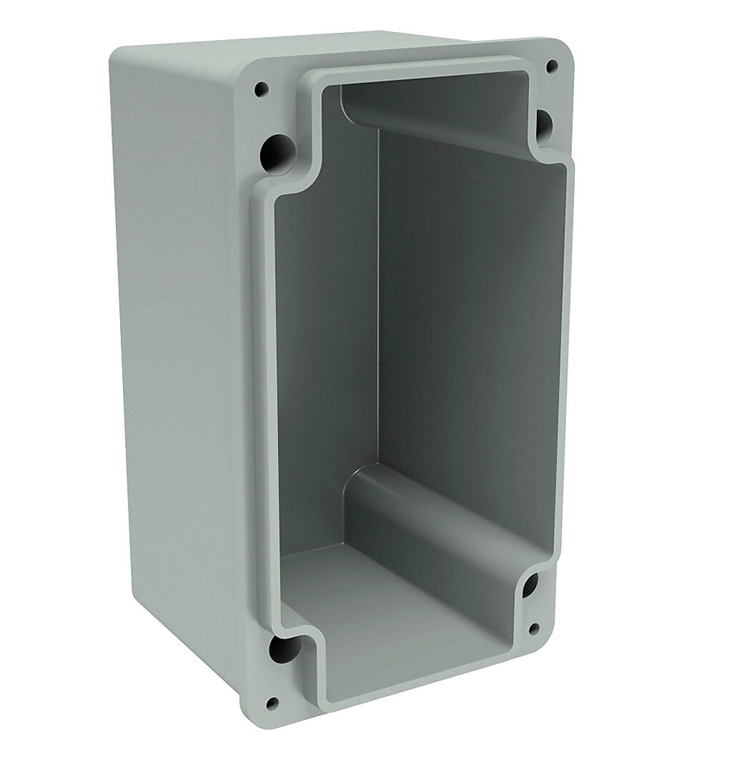 AttaBox Commander series pushbutton enclosure, 1 hole, 22mm, NEMA 1/3R/4X/6P/12, 6 x 4 x 4in (HxWxD), wall mount, fiberglass reinforced polyester, gray, screw cover.-CO1PB22