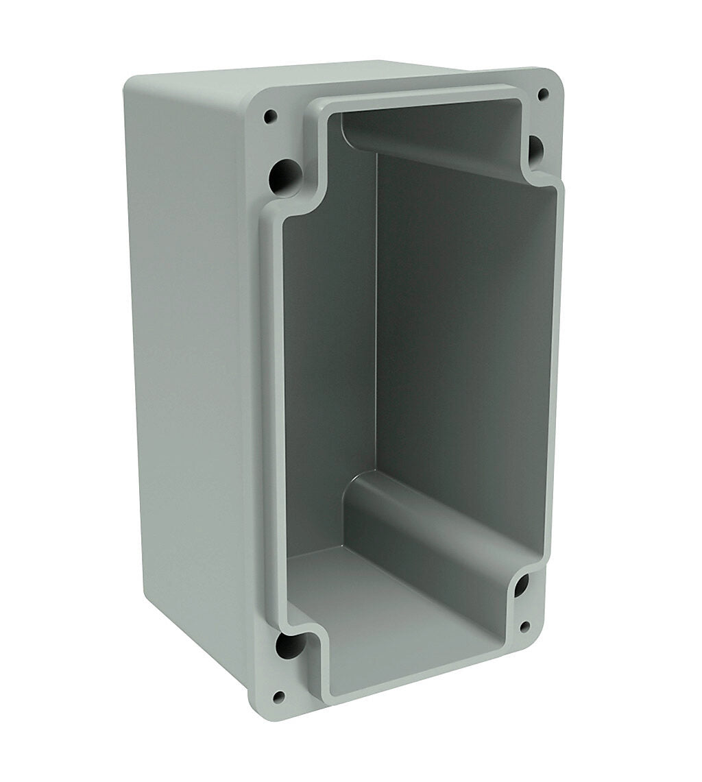 AttaBox Commander series pushbutton enclosure, 1 hole, 30mm, NEMA 1/3R/4X/6P/12, 6 x 4 x 4in (HxWxD), wall mount, fiberglass reinforced polyester, gray, screw cover.-CO1PB