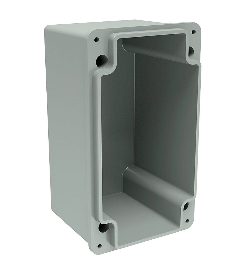AttaBox Commander series pushbutton enclosure, 2 holes, 30mm, NEMA 1/3R/4X/6P/12, 6 x 4 x 4in (HxWxD), wall mount, fiberglass reinforced polyester, gray, screw cover.-CO2PB