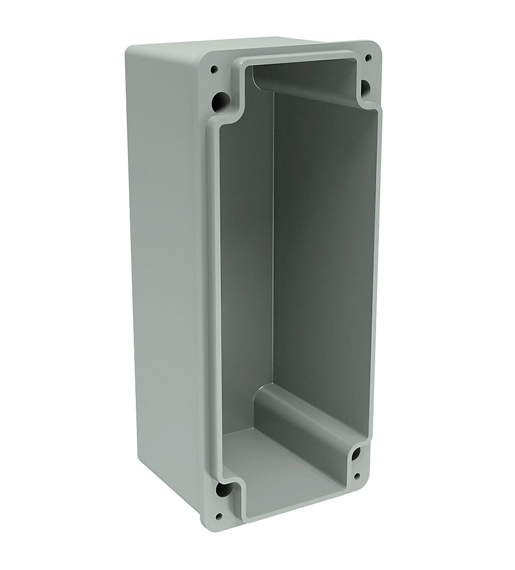 AttaBox Commander series pushbutton enclosure, 3 holes, 30mm, NEMA 1/3R/4X/6P/12, 8 x 4 x 4in (HxWxD), wall mount, fiberglass reinforced polyester, gray, screw cover.-CO3PB